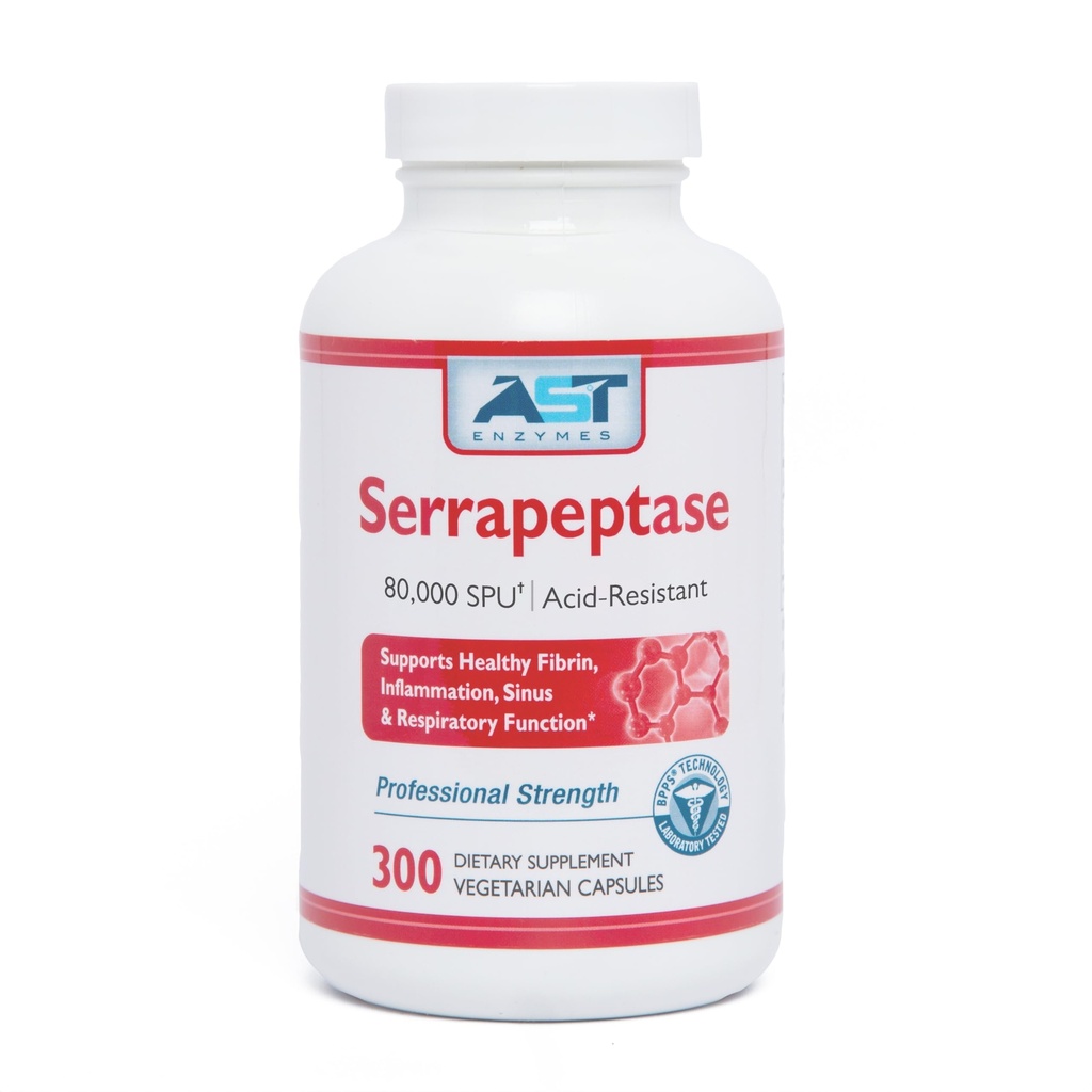 Encimi AST Serrapeptaza 80.000 SPU – 300 vegetarijanskih kapsul – Premium Natural Systemic Encimes – Acid-resistant Serrapeptase