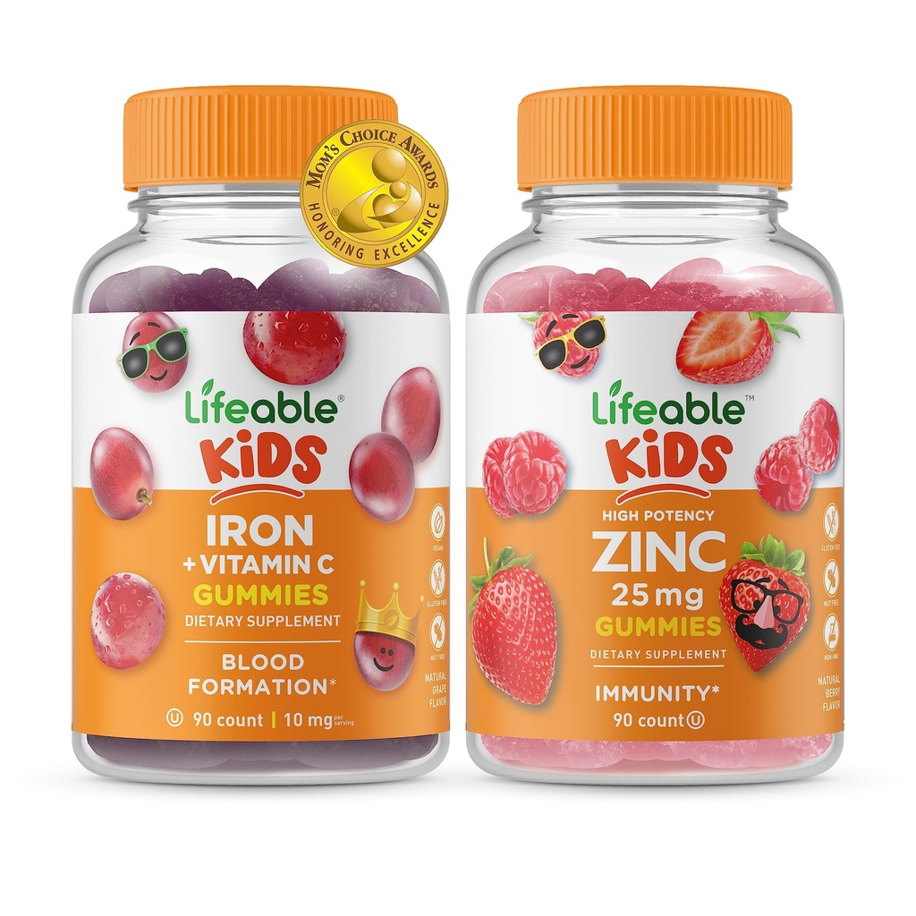 Lifeable Iron & Vitamin C Kids + Zinc 25mg Kids, Gummies Bundle - Great Tasting, Vitamin Supplement, Gluten Free, GMO Free, Chewable Gummy