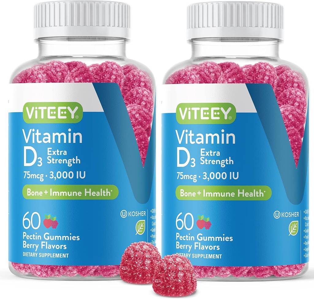 Vitamin D3 Gummies za odrasle in najstnike - 3.000 i.e., 75mcg, dodatna moč - skupno in mišično zdravje, imunski boost - žvečljivi vitamin D Gumies - vegetarijanski, brez želatine - okusni jagodni okus