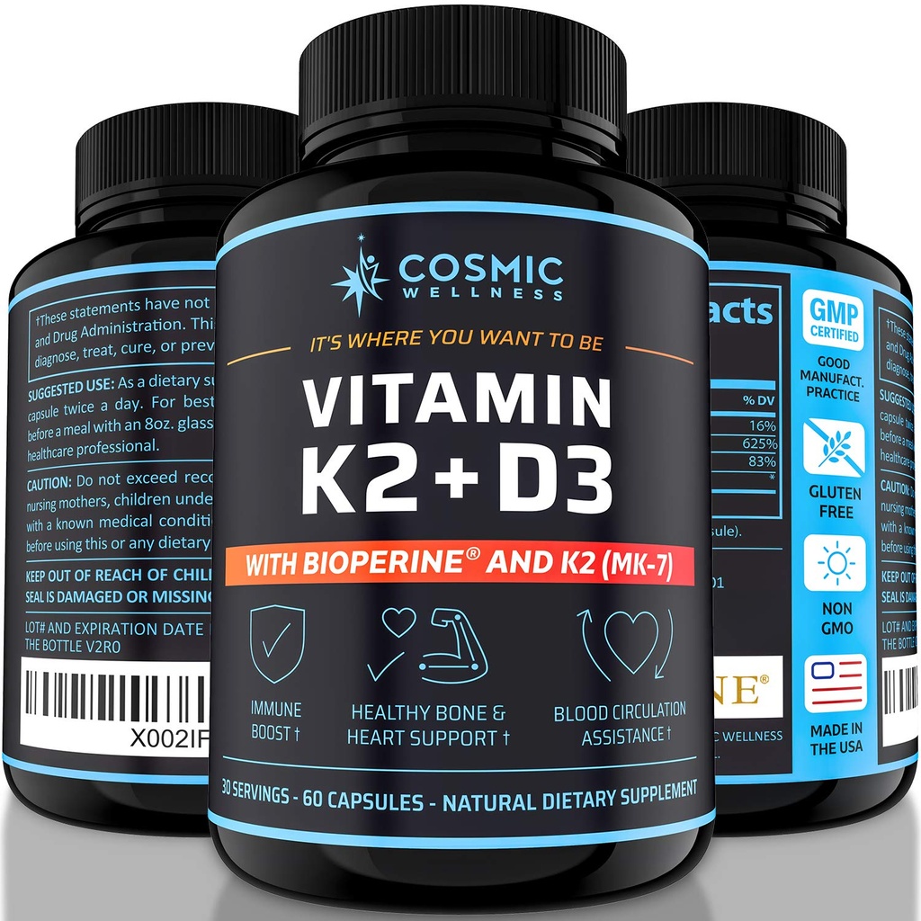 K2 D3 Dodatek vitamina 5000 Iu - za bolj zdrave kosti, kri, srce in boljšo imuniteto - izboljšana kalcijeva absorpcija z bioperinom - 100% naravna in alergen-free - vitamin D3 K2 Mk7 5000 Iu