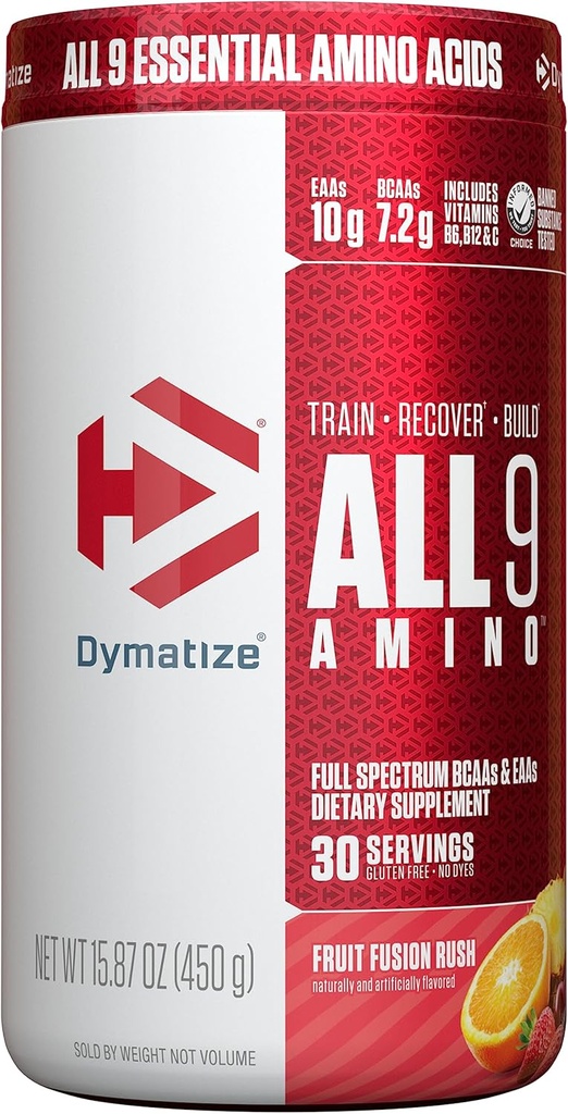Dymatize All9 Amino, 7.2g BCAA, 10g polnega spektra esencialnih aminokislin na služenje za regeneracijo in sintezo mišičnih beljakovin, Fruit Fusion Rush, 30 Servingov, 15.87 Ounce