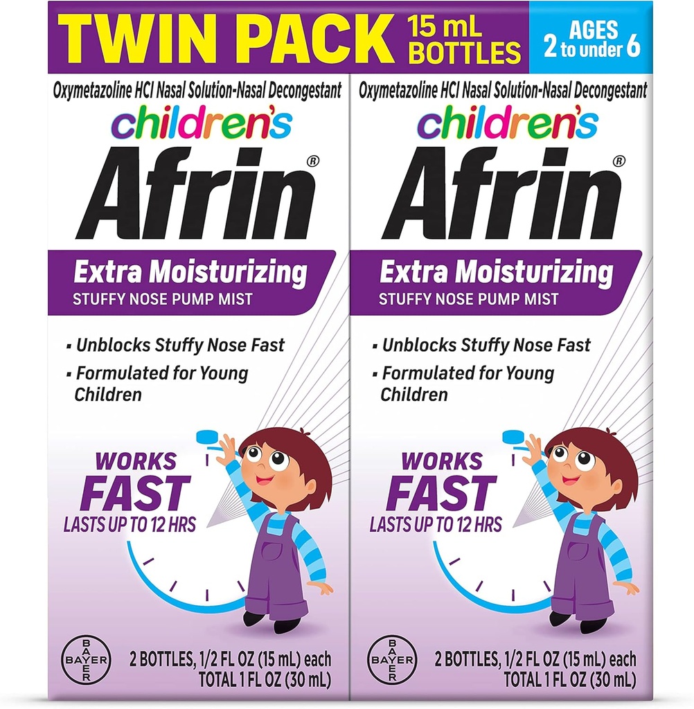 Afrin Otroška ekstra vlažna nosna meglica, neudobna, hitro delujoča dekongestiv za do 12 ur zamašen nos Relief, otroci starosti 2 do 6, .5 fl oz (Pack od 2)