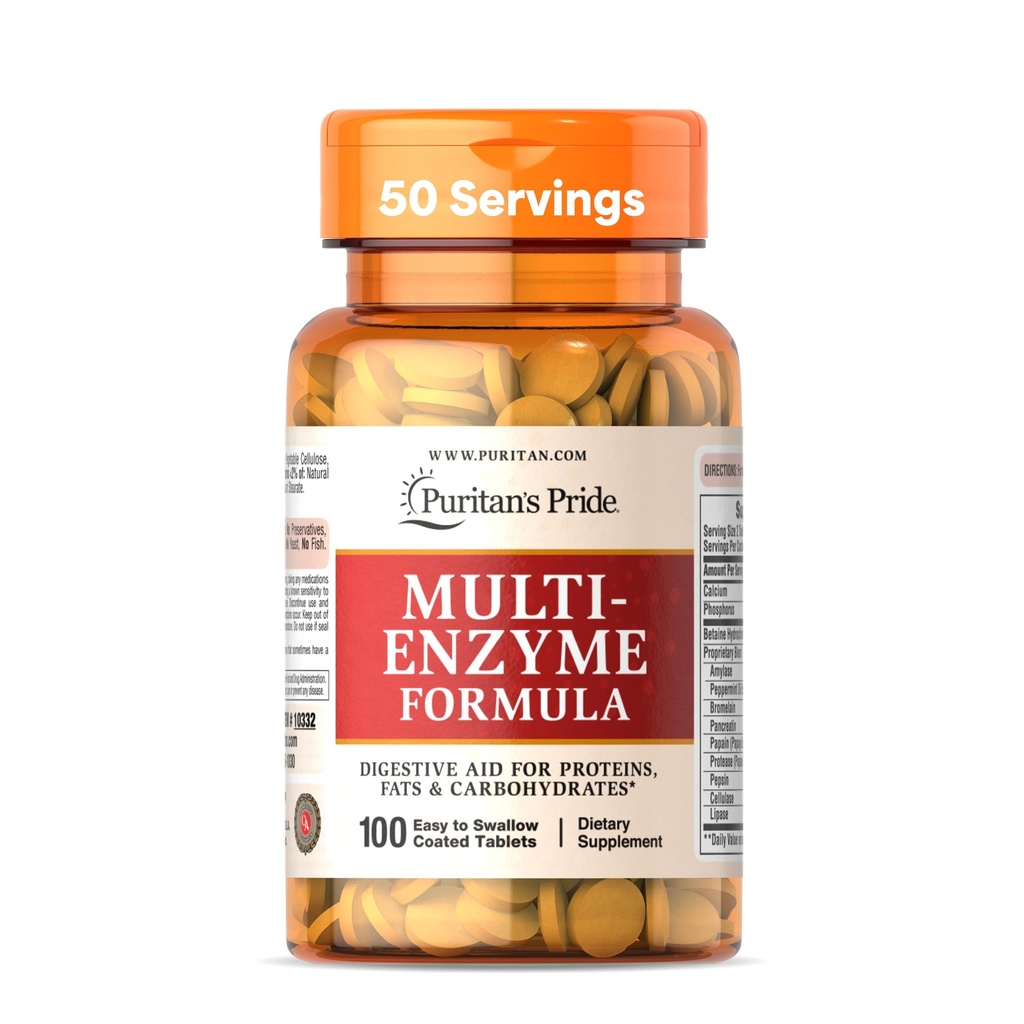 Puritan's Pride Multi-Enzyme Formula, Prebavna pomoč za beljakovine, maščobe in ogljikove hidrate, Prehranska dopolnila za dietetično in zdravo podporo Gut, 50 Day Supply, 100 Enostavne za pogoltnitev obložene tablete