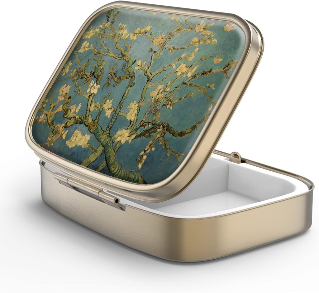Škatla tablete tablete z ogledalo Retro 2 Kompartment majhne tablete zaboj za torbico ali žep bronaste pravokotne tablete ali vitamini, ribje olje, dodatki, tablete vsebuje potovalna darila (Vangogh Art)