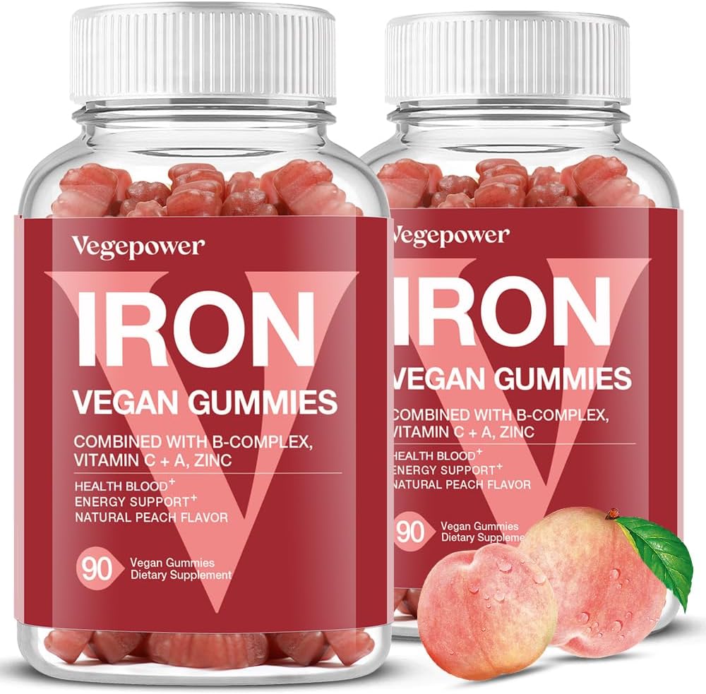 Veganski železovi žvečilni gumi - Multivitaminski dodatek z vitaminom C, A, B in cink - Zdravje kri in energijska podpora za pomanjkanje železa, anemija, No Po okusu - Breskova aroma(2 pakiranja)