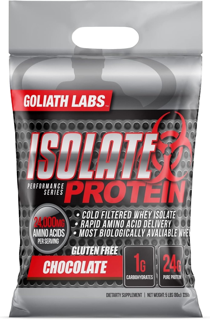 Izolirni proteini Goliath Labs v prahu [5 lbs/Pack of 1/Chocolate] – Izolirni proteini, 24g Čisti proteini, 7.75g BCAA, Beljakovine za izgradnjo mišic (Packageing May Vary) – prehrana in šport