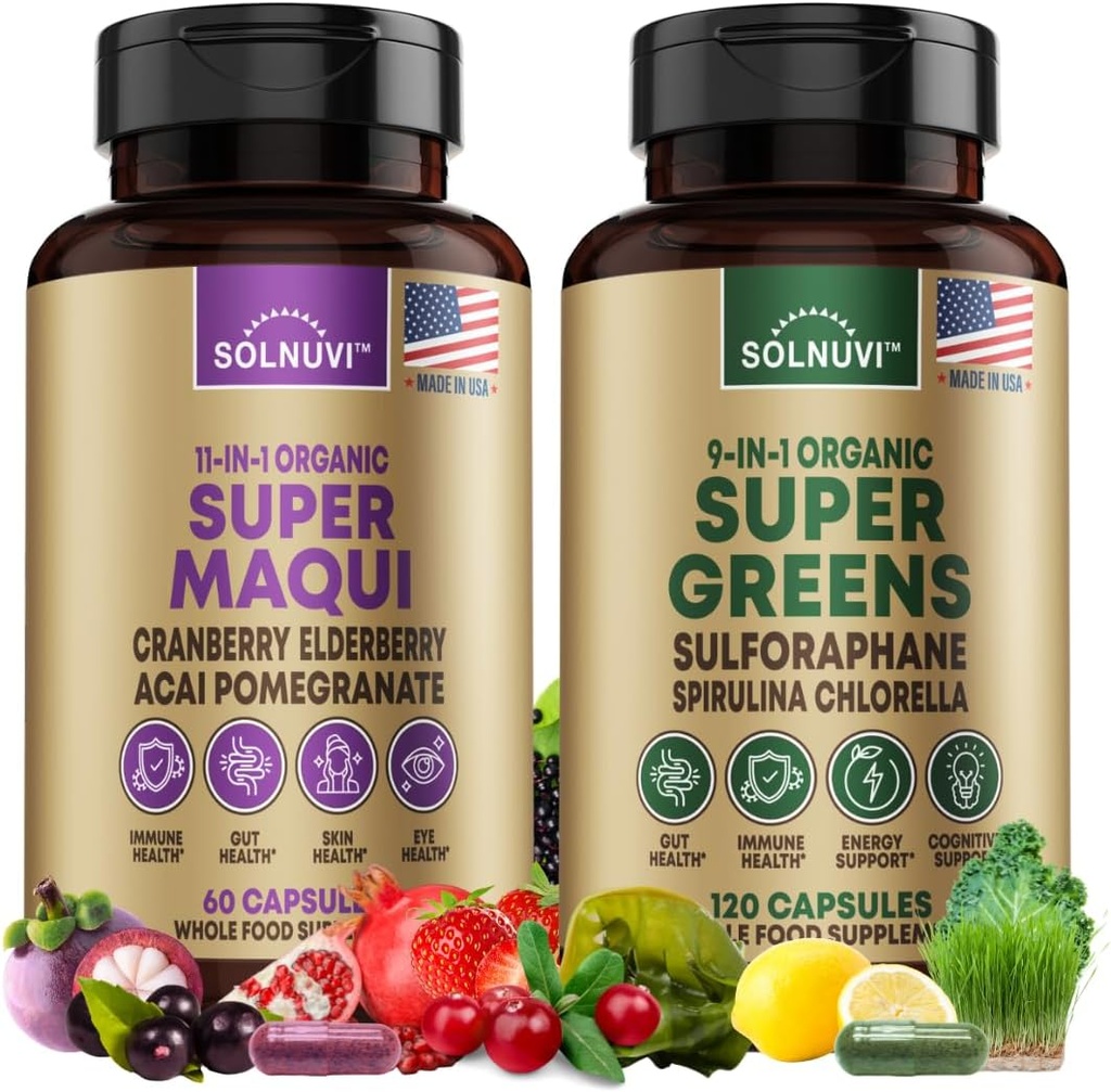 Vse v One Superfood Bundle - Super Maqui Berry & Super Greens - Gut Health, Imune, Skin, Wellness Podpora - Non GSO, Gluten Free, Veganski dodatki