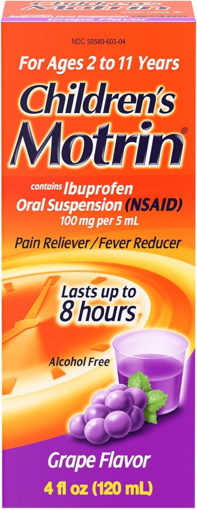 Motrin peroralna suspenzija, lajšanje bolečine, ibuprofen, aromatizirano grozdje, 4 Oz