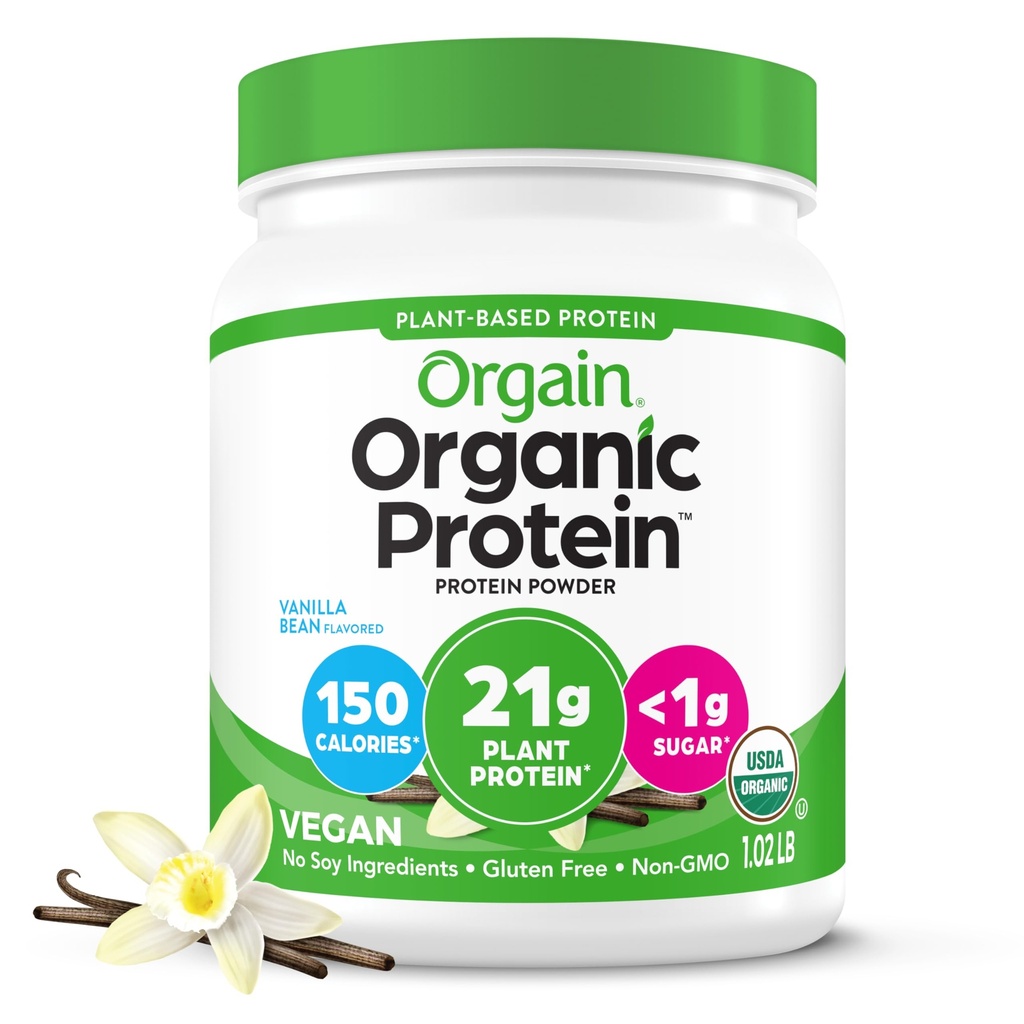 Orgain Organic Vegan Protein Powder, Vanilla Bean - 21g Proteini na osnovi rastlin, 4g Prebiotične vlaknine, Brez laktoze Sestavine, Brez dodanega sladkorja, Non-GMO, za pretrese in napitki, 1,02 lb (Packageing May Vary)