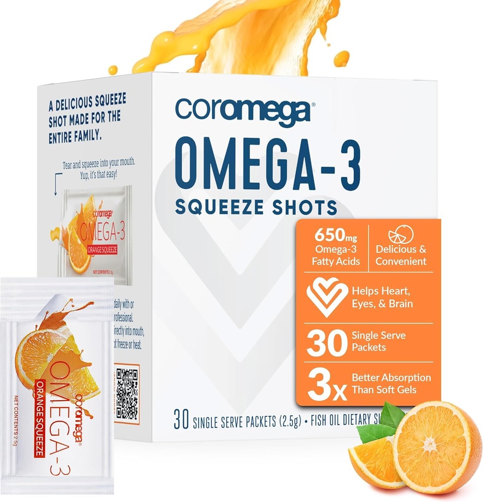 Coromega Omega 3 ribje olje dodatek, 650mg Omega-3s s 3X boljšo absorpcijo kot mehčalci, Orange Flavor, 30 Eno servo Stisnite Packe