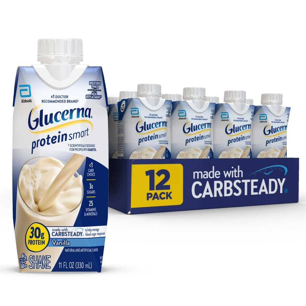 Glucerna Protein Smart Diabetes Care Shake, Vanilla, Diabetic Meal Nadomestek za podporo upravljanja krvnega sladkorja, 30g proteinov, 150 kalorij, Pripravljen za pitje, 11-fl-oz steklenica, 12 pakiranje