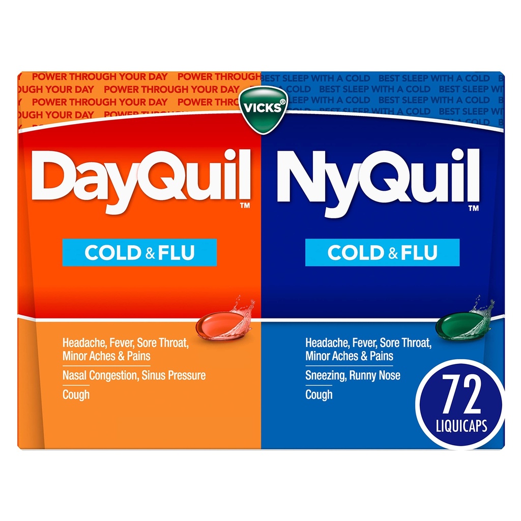Vicks DayQuil & NyQuil Co-Pack, Cold & Flu Medicine, Močen multi-simptom dan in nočna olajšava za glavobol, zvišana telesna temperatura, boleče grlo, Manjše bolečine in kašelj, 72ct