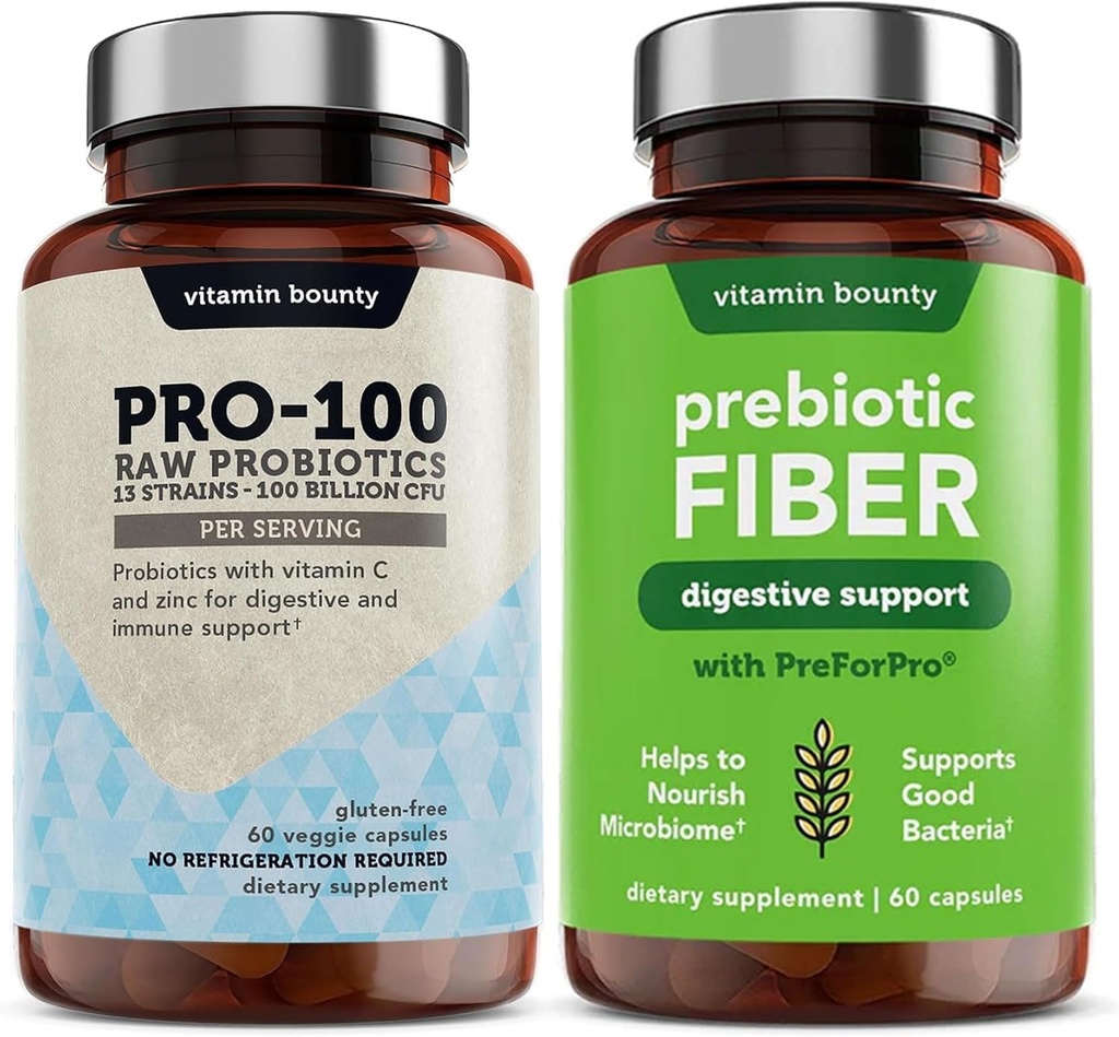 Vitamin Bounty Pro-100 Probiotiki & Prebiotični fiber paket: Ultimate Gut Health Support with 13 sevi, 100 milijard CFU, cink in vitamin C, zapoznele kapsule - 90 kapsul