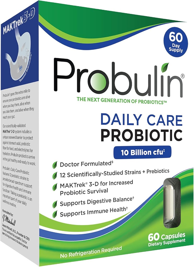 Probulin Daily Care Probiotic Supplement, Prebavni, Gut, in imunskega zdravja podporne kapsule za moške in ženske, 10 milijard CFU, Vegan, 60 Count Box