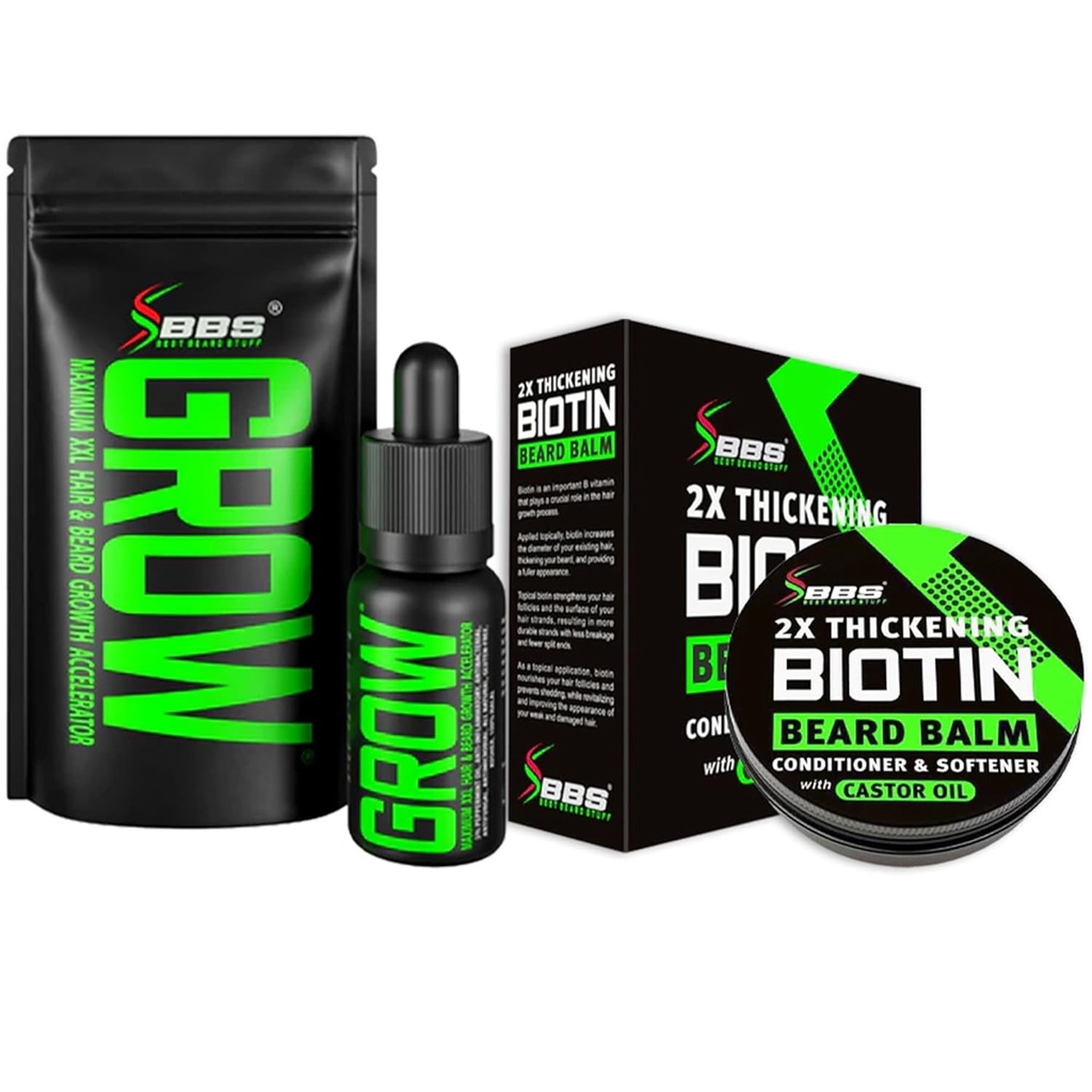 Beard rastni komplet w/GROW XXL Bradavičasto olje/serum za rast obraznih las za moške + 2X Debelost Biotin Mustache Vosek in balzam za moške - balzam & Mehčalo - Formulirano v Ameriki