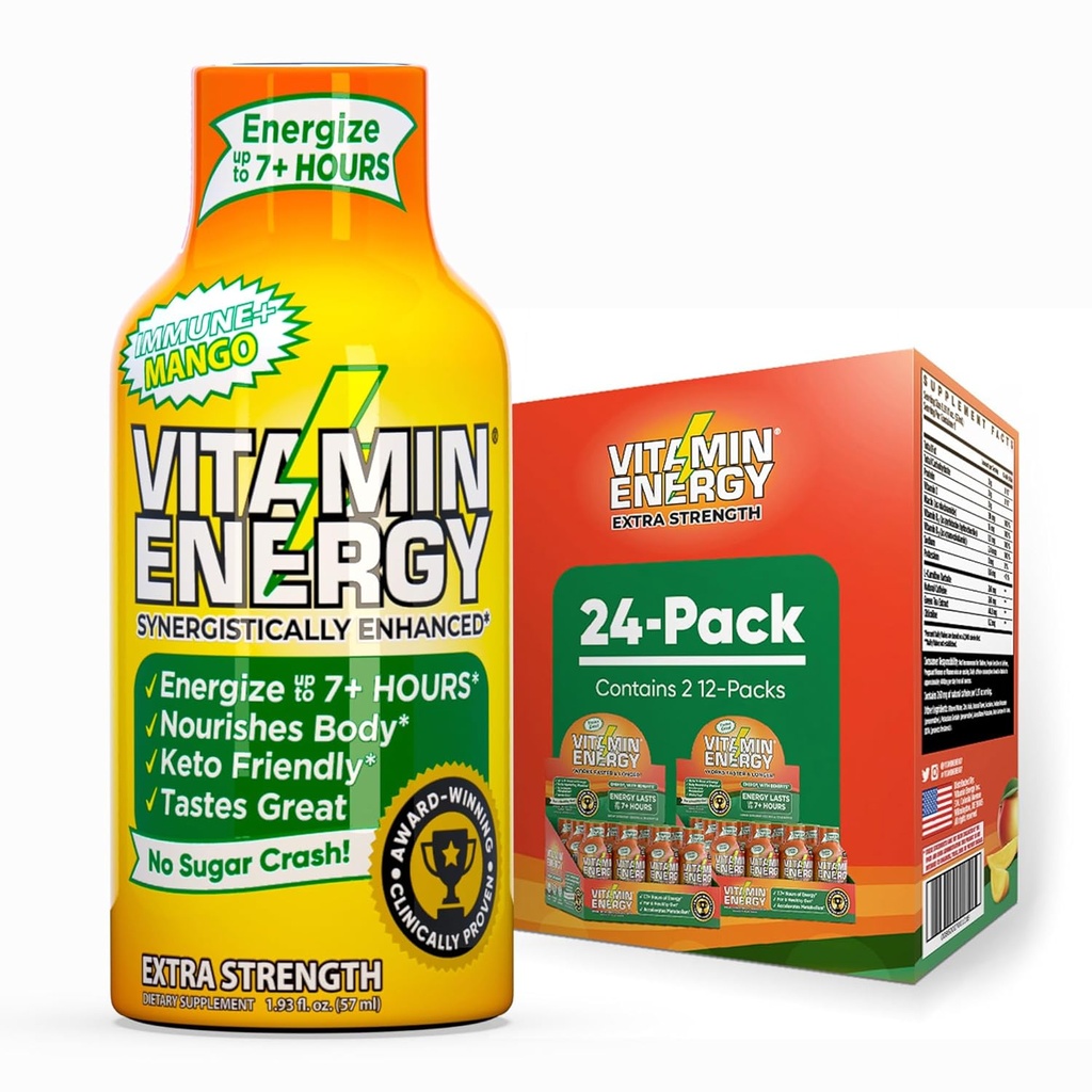Vitamin Energy Immune+ Extra Energy Shot Mango 24 Pack, 260mg Naravni kofein, B-vitamini, Citicoline, Zeleni čaj, Imuniteta in Fokus Podpora, Nič sladkorja, Gluten-free 1,93 fl oz