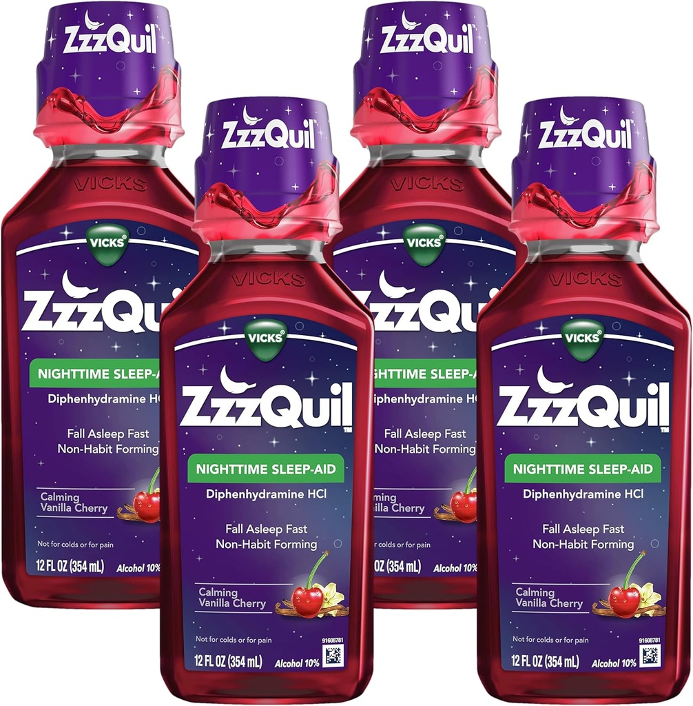 ZzzQuil, Tekoča raztopina za nočno spanje, 50 mg difenhidramin HCl, št. 1 Blagovna znamka za spanje, pomirjujoča vanilija Cherry Flavor, nenavadna oblika, 12 FL OZ (paka 4)