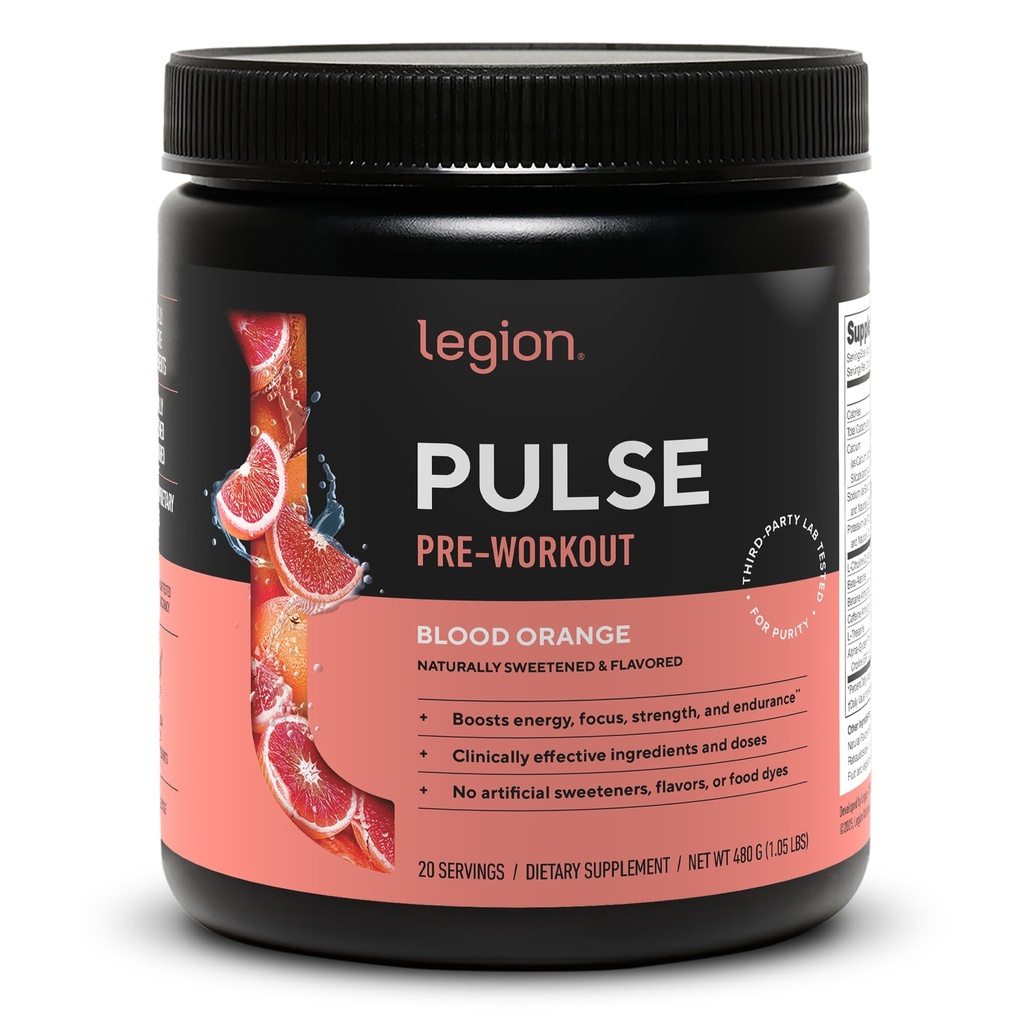 LEGION Pulse Pre Workout - Vse naravne dušikov oksid Preworkout pijača za povečanje energije, Kreatin brezplačno, naravno sladkana, Beta Alanin, Citrulin, Alfa GPC (Krvava pomaranča)