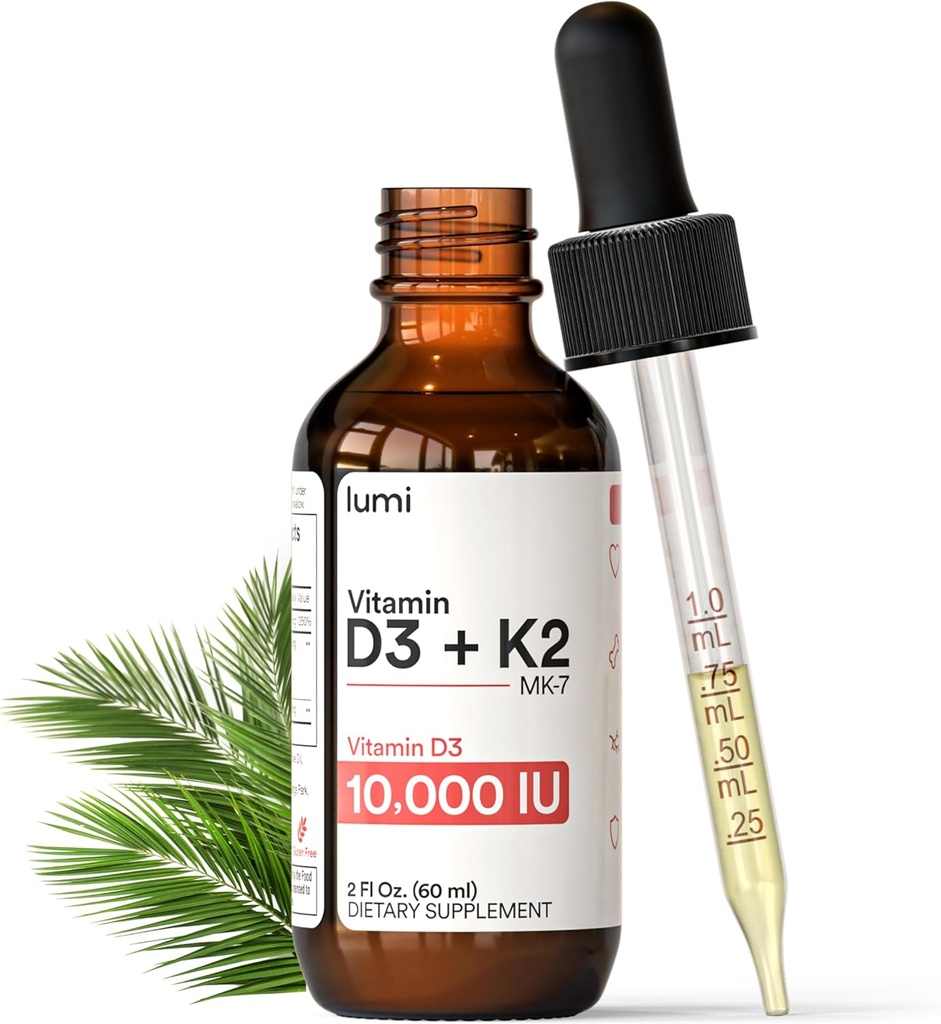lumi vitamin D3 K2 MK7 w Palm MCT olje - 10000 i.e. D3, 200 μg K2 MK7-60ml liposomska absorpcija Podjezične tekoče kapljice - ne-GMO, Vegan, nearomatizirana tekoča - Mesečna oskrba - 2 Fl Oz