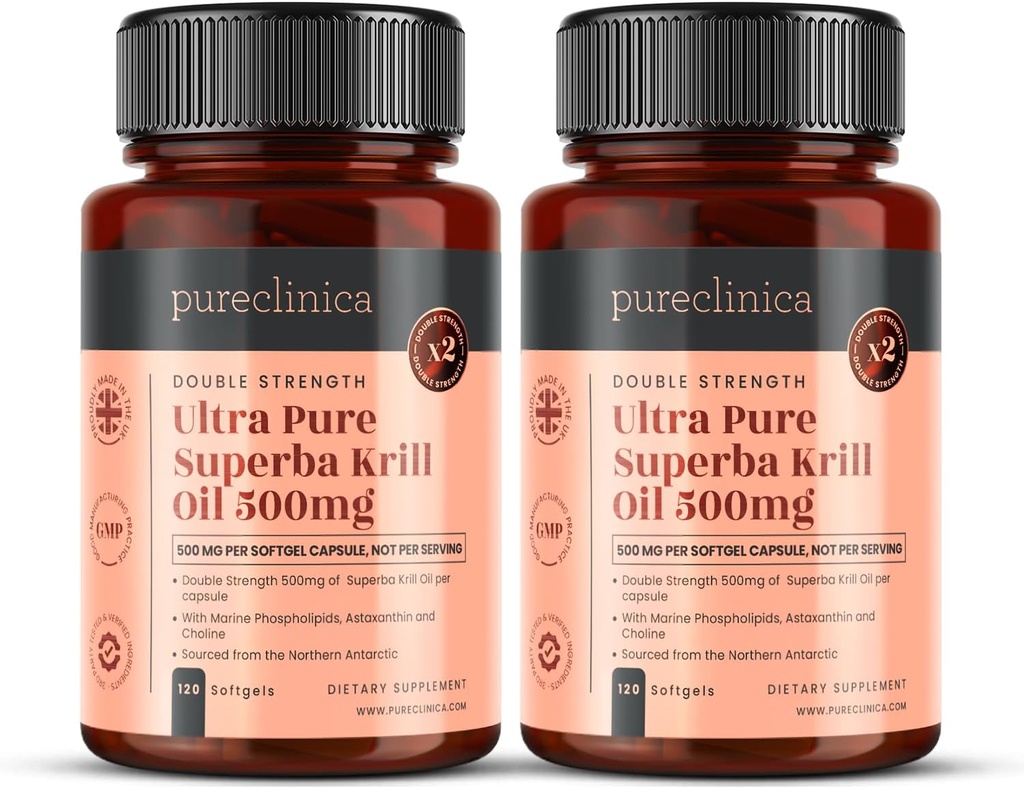 Ultra Pure Krill Oil 500mg x 240 Kapsule (2 steklenici) - Izvira v neonesnaženih vodah Antarktike Zagotavlja bogato oskrbo z astaksantinom, Omega 3 in vitamin D