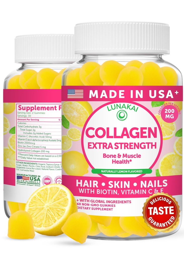 Lunakai USA Made Collagen Peptides Gumies - 200mg Ne-GMO proti staranju Formula z biotin, cink, vitamini C & E za lase, kožo in nohte, 60ct