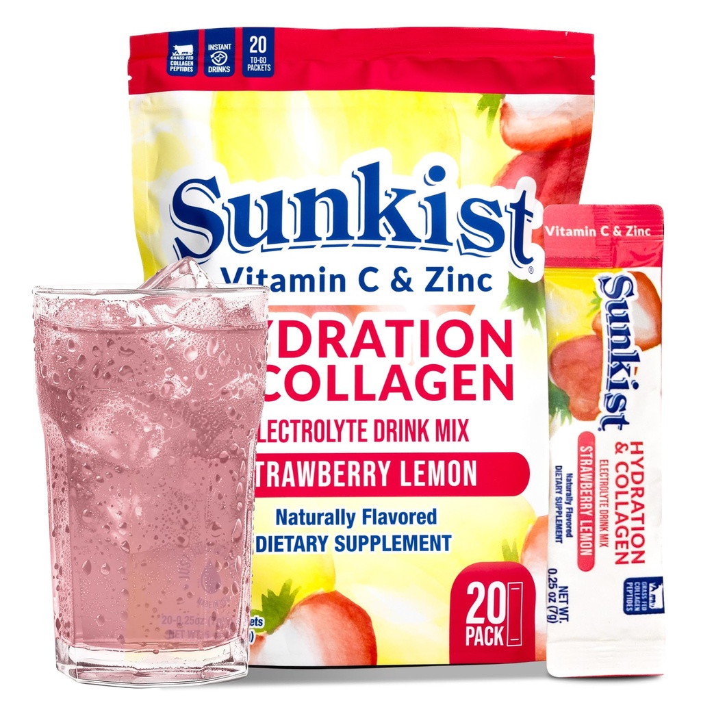 Zamrznjen fižolov kolagenski napitek - Hidracija jagodni limonin elektrolitski napitek za ženske z vitaminom C, cinkom, kolagenskimi peptidi, naravno aromatiziran - 20 Pack