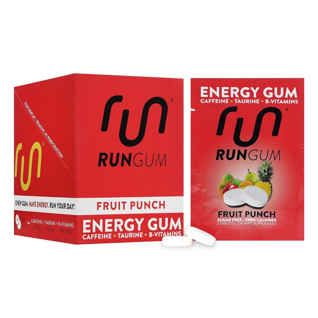 RUN GUM Fruit Punch Energy Chewing Gum 50mg Kofein Tavrin in B-vitamini na kos, 24 kosov (Pack of 12) Sladkor brez sladkorja, Zero Calorie, No Aspartam, in Gluten Free, 1 ea