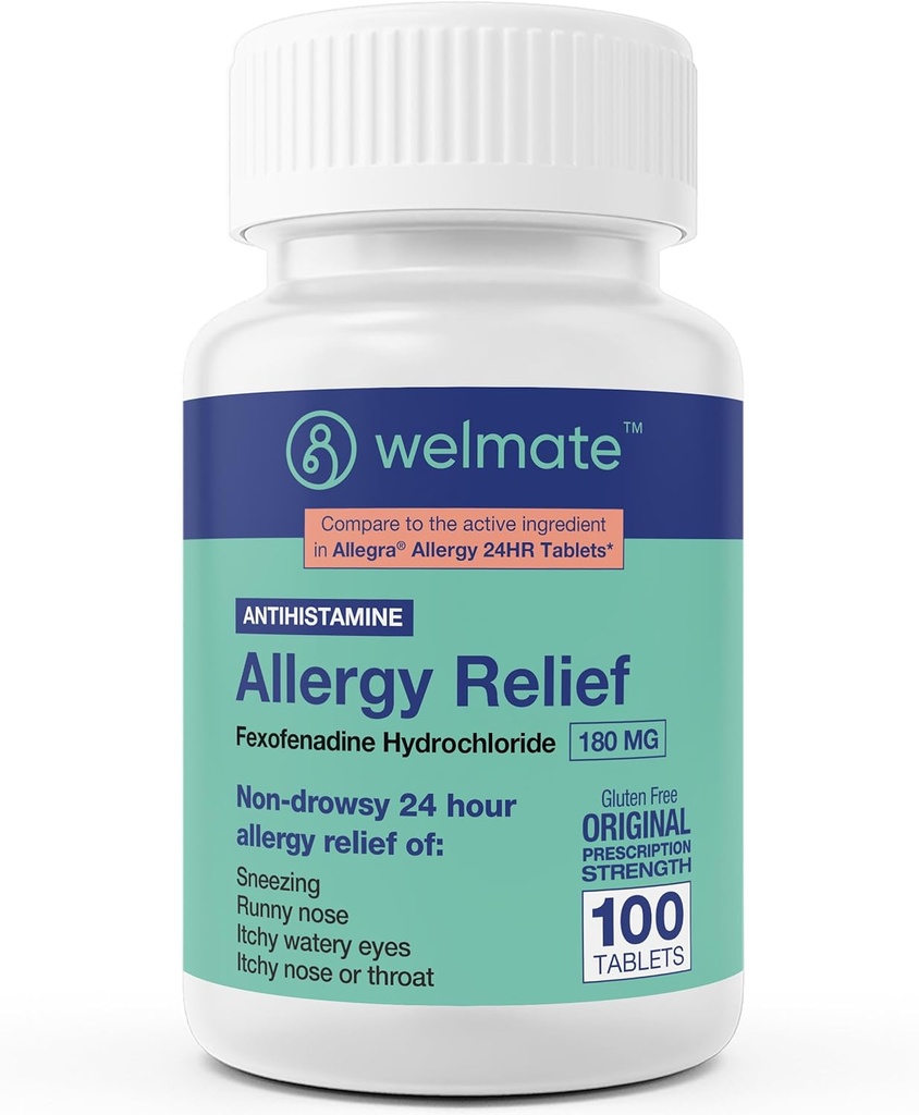WELMATE - Alergija Relief - Fexofenadine HCl 180 mg - 24 ur nezadržen antihistaminik - Sneesing - Runny Nose - Srbeče oči, nos in grlo - Alergija Relief Tablets - 100 Count