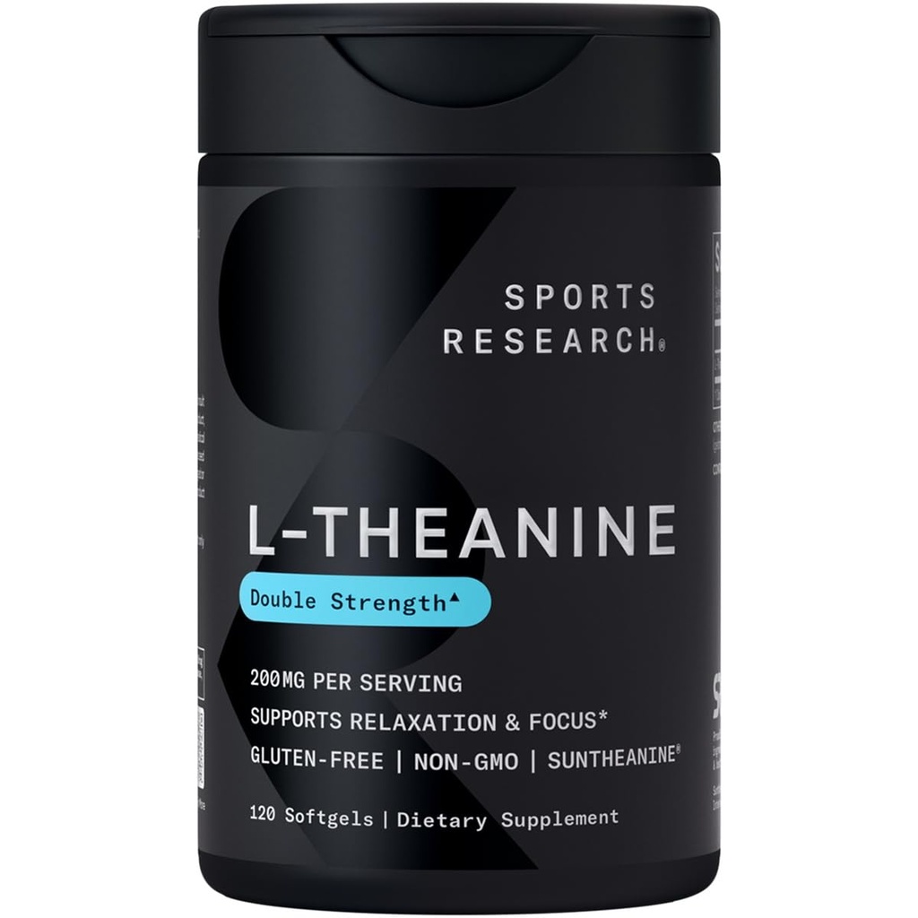 Športne raziskave Double Strength L-Theanine Supplement - Suntheanine Softgels for Focus, Relaxation & Alarmness - Neumiljiva podpora Izdelana s kokosovim oljem, Non-GMO & Gluten Free - 200mg, 120 Count