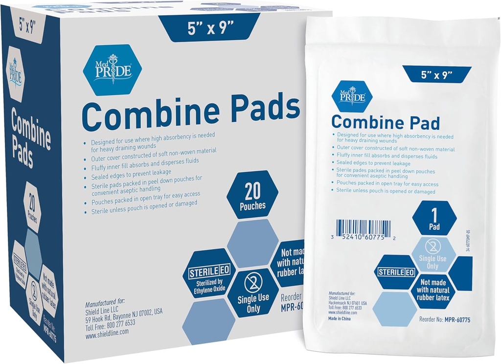 MED PRIDE Nonstick Sterile Abd Combine Pads 5x9 v ekstra Absorbent Kirurško oblačenje za težko puščanje (40 števk)