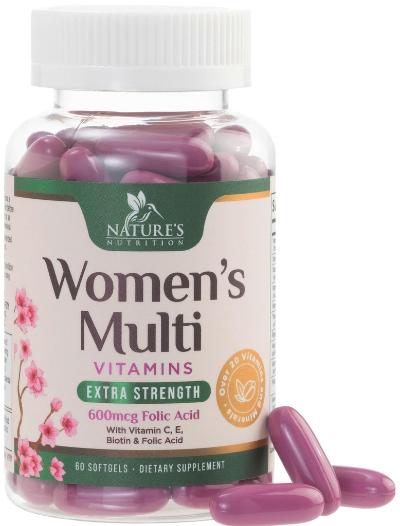 Multivitamin za ženske s kalcij, folno kislino, vitaminom A, C, D, E, & B Vitamini, cink, železo za kosti, kožo in imuno zdravje podpora, Naravne ženske Multivitamini za energijo - 60 Softgels