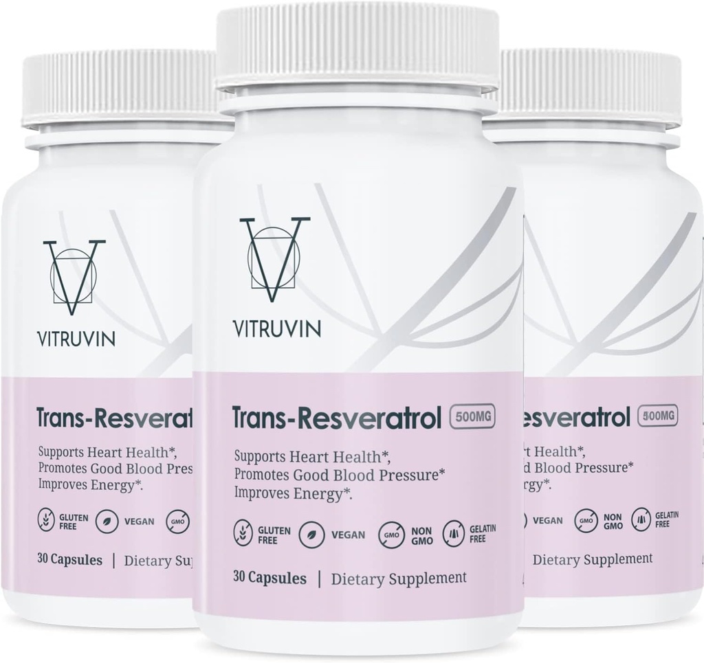 Vitruvin Trans-Resveratrol 500mg, 3 steklenice pakiranje, Vegan, Non-GMO, Gluten-free, želatina-free.