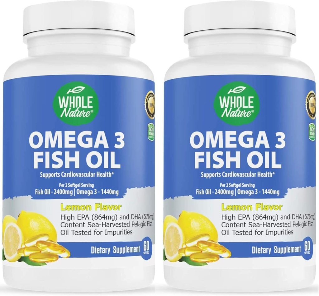 Omega 3 ribje olje dopolnila, Največja moč 2400 mg Omega-3, 1440mg ribje olje, EPA in DHA Maščobne kisline, srce, možgani in imunske podpore za ženske in moške. Naravna limonina aroma, 120ct (2)