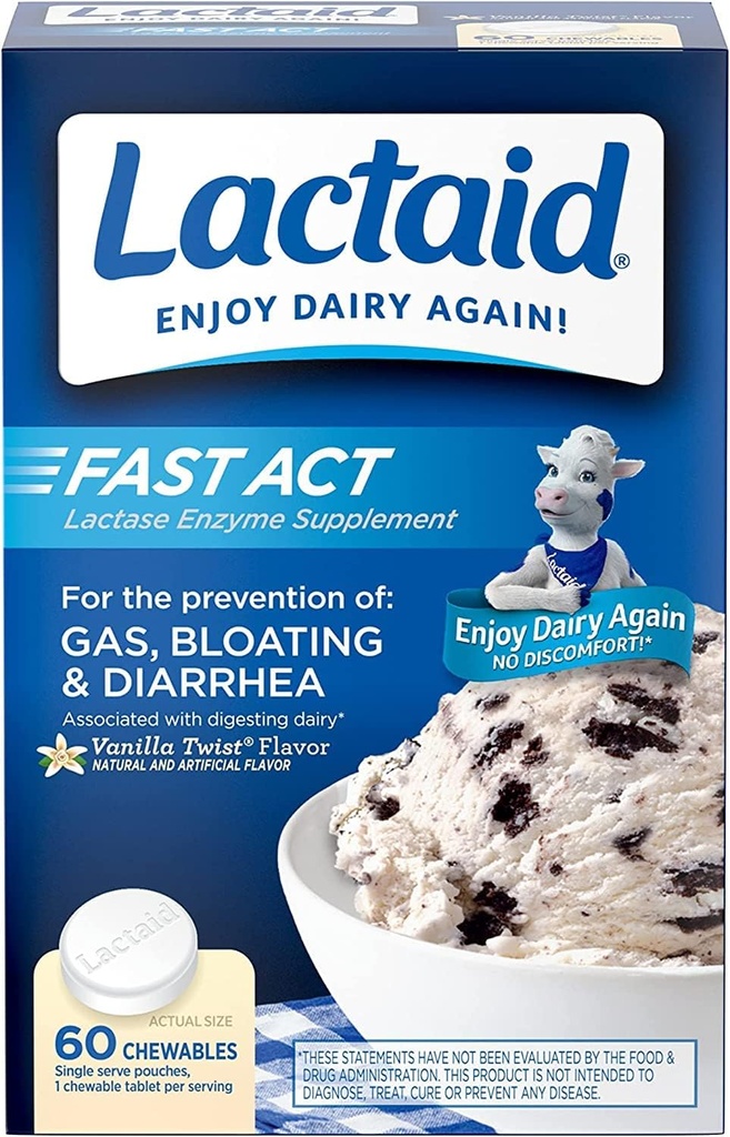 LACTAID Hitro dejanje Žvečilni izdelki Vanilla Twist 60 ea (paka 12)