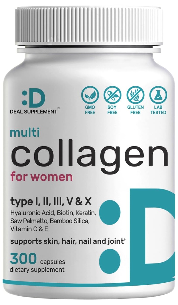 Več kolagenske tablete z vitaminom C, E & Biotin, 300 kapsul – hidrolizirane kolagenske peptide – 11 v 1 formuli z žago Palmetto, Bamboo Silica, & hialuronska kislina – lasje, koža, nohti, & skupno zdravje