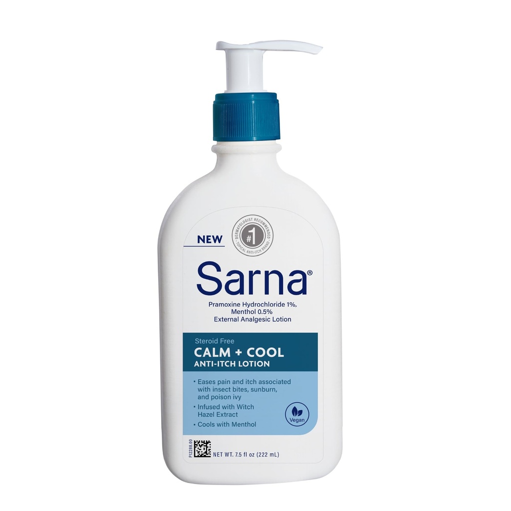 Sarna Calm + Cool Anti-Itch losion, Soothe in Relieve Bolečine in Srbečica iz žuželk Bites, Sunburn, & Strupena bršljan, Vsebuje 1% pramoksin hidroklorid, 0,5% Mentol, Vegan, Steroid-free, 7.5oz