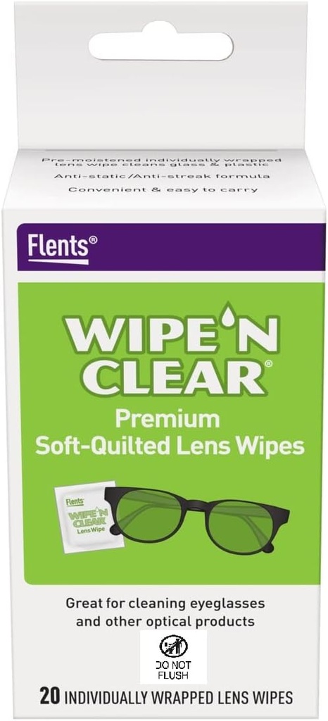 Flenti leče obrišite, Obrišite 'N jasno, 20 Count, Pred vlažen, Streak-free, Varen za očala, Anti-Fog, Nežno čiščenje, Jasno vizijo, Individualno zaviti za potovanja in prijaznost, Made in the USA