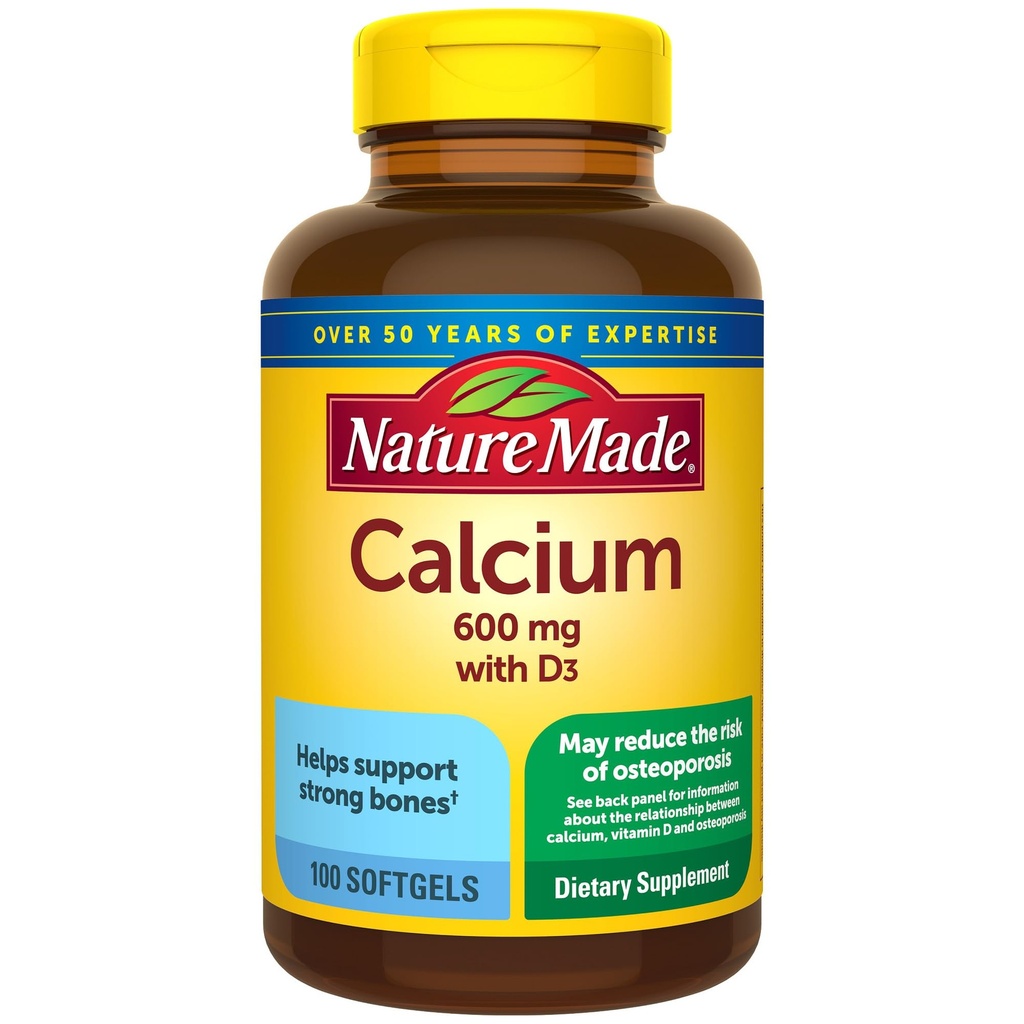 Nature Made Calcium 600 mg z vitaminom D3, prehransko dopolnilo za podporo kosti, 100 softgels