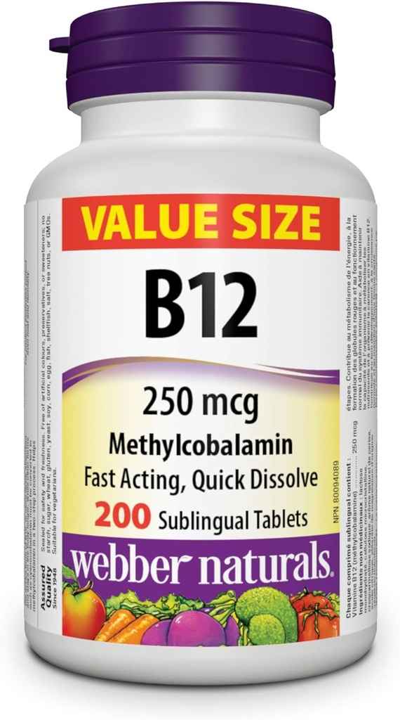 Webber Naturals Vitamin B12 250 μg metilkobalamin, 200 podjezičnih tablet