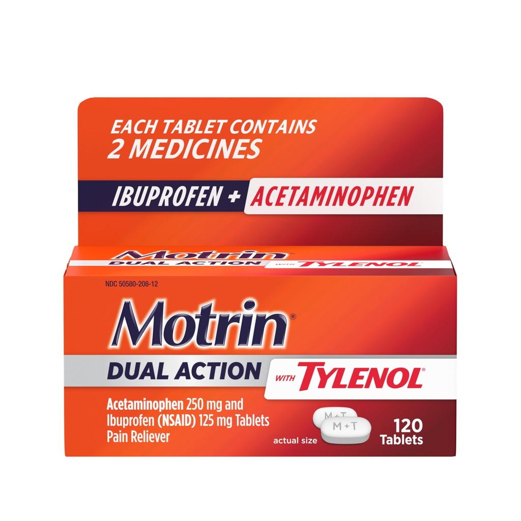 Motrin Dual Action with Tylenol, Ibuprofen & Acetaminofen Fast-Acting Dual Action Pain Reliever for Manjše bolečine in bolečine, Ibuprofen (NSAID) 125 mg & Acetaminofen 250 mg, 120 ct