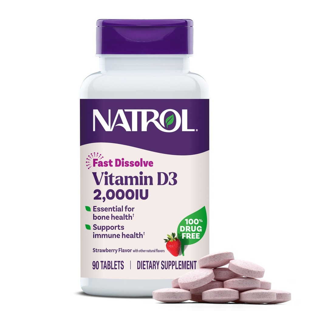 Natrol hitro raztopi vitamin D3 2.000 i.e., prehranski dodatek za zdravje kosti in sklepov, podpora kosti, 90 tablet, 90 dnevna oskrba
