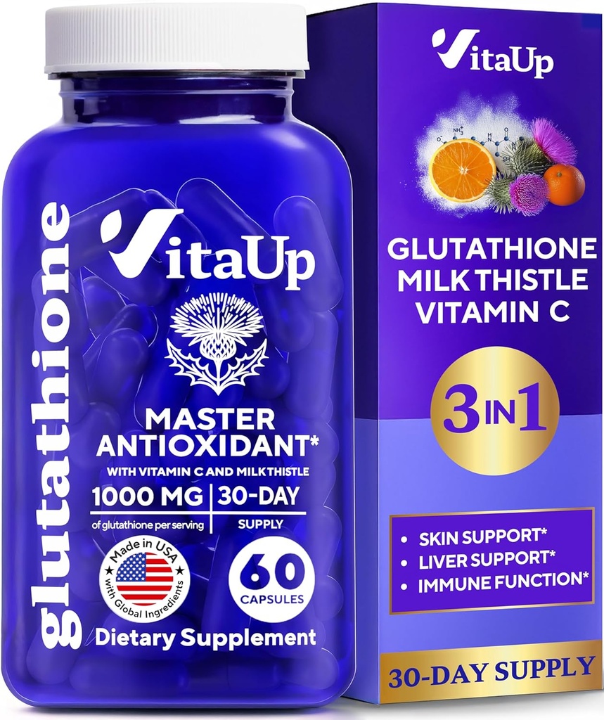 Zmanjšan dodatek glutationa 1000mg - ZDA Made Glutatione Kapsule z vitaminom C in mleko osat za nego jeter, podpora kože in Imunsko dobro počutje - 60 Count