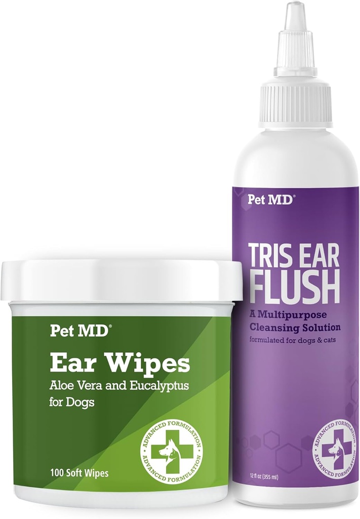 Hišni ljubljenčki MD Dog Čiščenje ušesa Obrišite z Aloe in Eucalyptus + Veterinarska Tris Flush Cat & Dog Ušesni čistilec