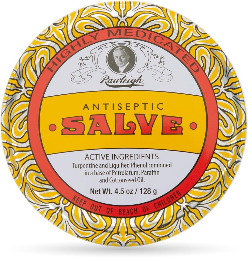 Rawleigh Antiseptični Salve Iconic Rumeni veliki kositer: 4.5 oz, naravno, večpotezno mazilo Soothes Kožni kosi, Modrice, Draže, s Turpentin, Fenol, Bombažno olje, Original Formula - Pakiranje 1
