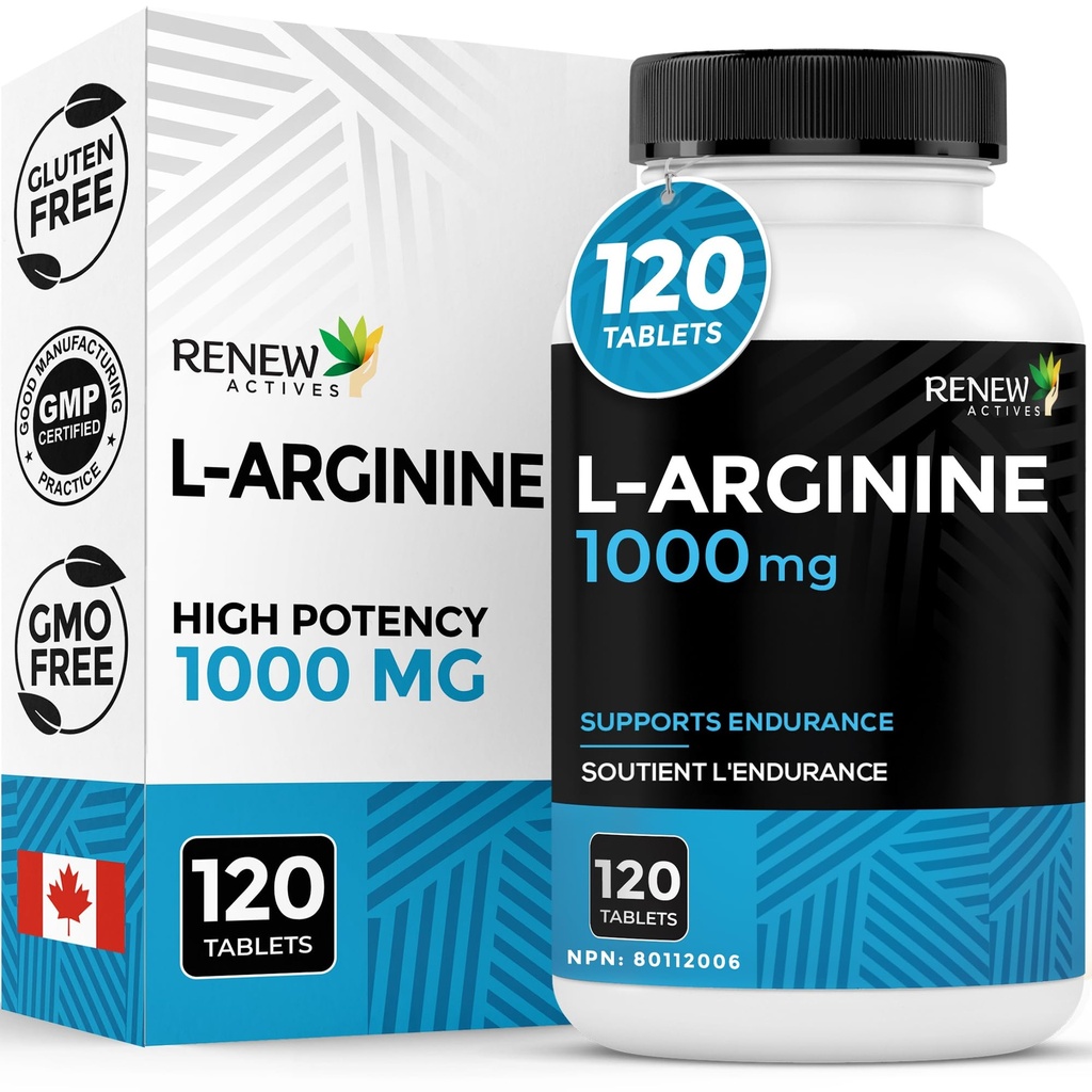 Renew Actives L-Arginin Dodatek 1000MG za strežbo - moč in vzdržljivost, bistvenega pomena za sintezo beljakovin in mišične funkcije, Fizikalno zmogljivost Booster - Made in Canada - 120 tablet