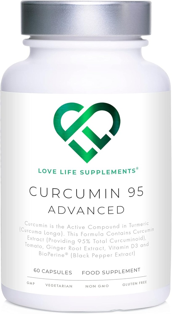 Curcumin 95 Advanced, 60 kapsul, visoko trdnost kurkumin (aktivna komponenta kurkuminoidov) s 95% kurkuminoidi + BioPerine® (izvleček črnega popra), vitamin D, paradižnik in ingver, GMP odobren