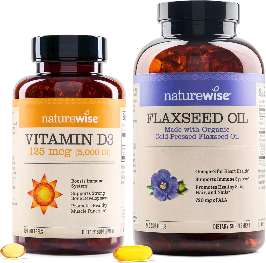NatureWise Vitamin D3 5000iu (125 mcg) 1 Year Supply for Healthy Muscle Function, and Immune Support Organic Flaxseed Oil Max 720mg ALA | Highest Potency Flax Oil Omega 3