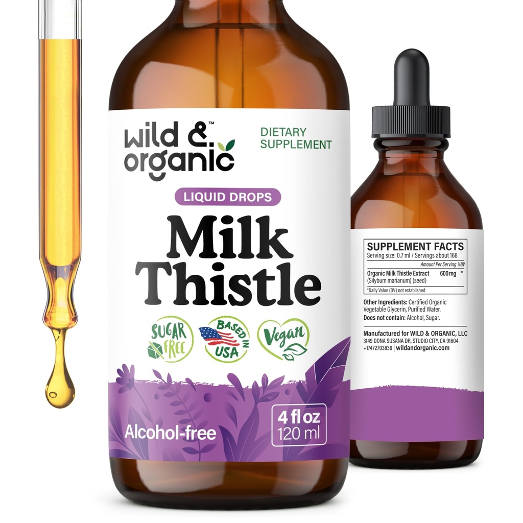 Divje in organsko mleko Tekoče kapljice - Jetrna čistila Detox - Silimarin Milk Thistle dodatek za podporo jeter - Dodaj k čaju - Silybum Marianum Seed Extract Tinkture - Sladkor in alkohol brez - 4 oz