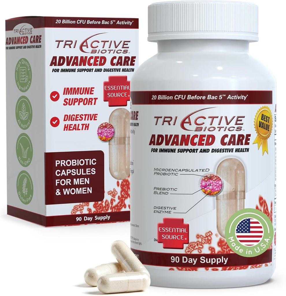 Triaktivna biotika Essential Source Advanced Care - 20 milijard CFU probiotikov za digestivno zdravje, dodatek za imuno podporo, mikroinkapsulirani probiotiki za ženske in moške, 90 Ct kapsule