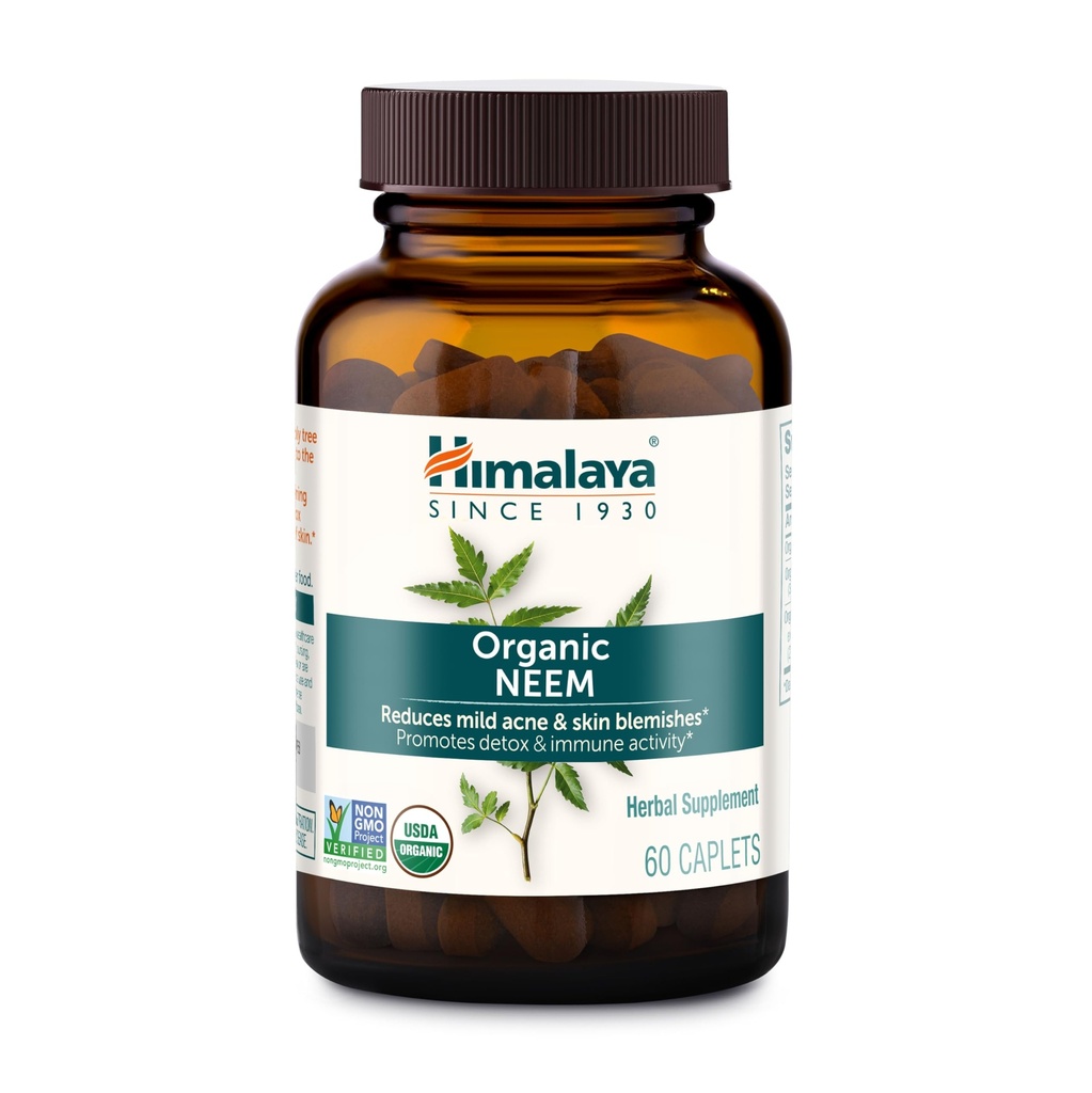 Himalaja Organski Neem, 60 dan dobave - Zeliščni Acne dodatki podpirajo čisto kožo in razstrupljanje - USDA Organic, Vegan, Non-GMO, Gluten Free, 600 mg, 60 Caplets